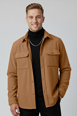 DeepSEA Camel Cepli Likralı Kadife Kumaş Rahat Kesim Erkek Gömlek – Yumuşak Dokulu, Şık Tasarım Gömlek 2600759