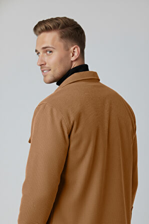 DeepSEA Camel Cepli Likralı Kadife Kumaş Rahat Kesim Erkek Gömlek – Yumuşak Dokulu, Şık Tasarım Gömlek 2600759