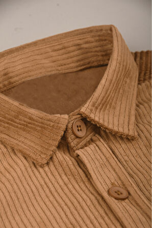 DeepSEA Camel Cepli Likralı Kadife Kumaş Rahat Kesim Erkek Gömlek – Yumuşak Dokulu, Şık Tasarım Gömlek 2600759