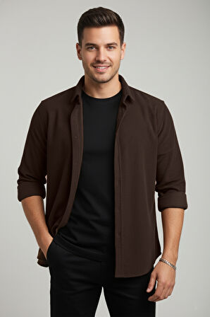 DeepSEA Erkek Kahve Kadife Fitilli Rahat Kesim Gömlek Yumuşak Dokulu Likralı Kadife Gömlek 2600758