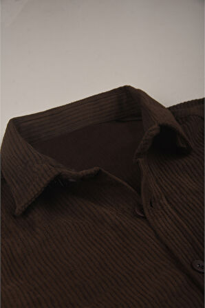 DeepSEA Erkek Kahve Kadife Fitilli Rahat Kesim Gömlek Yumuşak Dokulu Likralı Kadife Gömlek 2600758