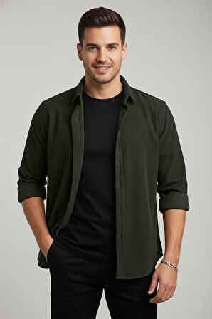 DeepSEA Erkek Yeşil Kadife Fitilli Rahat Kesim Gömlek Yumuşak Dokulu Likralı Kadife Gömlek 2600758