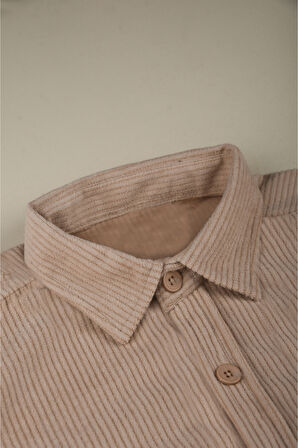 DeepSEA Erkek Bej Kadife Fitilli Rahat Kesim Gömlek Yumuşak Dokulu Likralı Kadife Gömlek 2600758