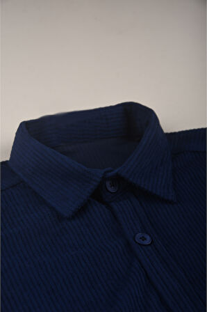 DeepSEA Erkek Lacivert Kadife Fitilli Rahat Kesim Gömlek Yumuşak Dokulu Likralı Kadife Gömlek 2600758