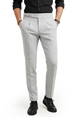DeepSEA Erkek Gri Likralı İtalyan Kesim Pileli Kemer Tokalı Şık Kumaş Pantolon 2601020