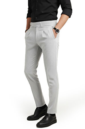 DeepSEA Erkek Gri Likralı İtalyan Kesim Pileli Kemer Tokalı Şık Kumaş Pantolon 2601020