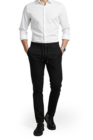 DeepSEA Erkek Siyah Esnek Kumaş Slim Fit Beli Lastikli Günlük Spor Pantolon 2601070