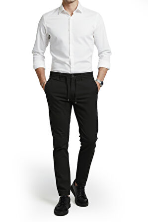 DeepSEA Erkek Siyah Likralı Gofre Kumaş Beli Lastikli İpli Slim Fit Günlük Pantolon 2600650