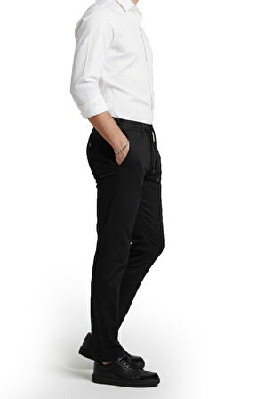 DeepSEA Erkek Siyah Likralı Gofre Kumaş Beli Lastikli İpli Slim Fit Günlük Pantolon 2600650