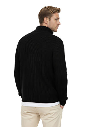 DeepSEA Erkek Siyah Yarım Fermuarlı Oversize Kesim Triko Kazak – %100 Pamuk, Yumuşak Dokulu Örgü Kazak 2608511