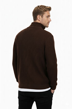 DeepSEA Erkek Kahve Yarım Fermuarlı Oversize Kesim Triko Kazak – %100 Pamuk, Yumuşak Dokulu Örgü Kazak 2608511