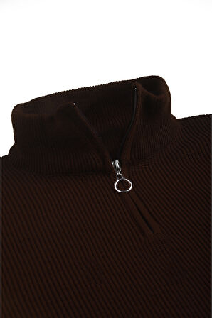 DeepSEA Erkek Kahve Yarım Fermuarlı Oversize Kesim Triko Kazak – %100 Pamuk, Yumuşak Dokulu Örgü Kazak 2608511