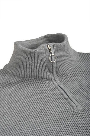 DeepSEA Erkek Gri Yarım Fermuarlı Oversize Kesim Triko Kazak – %100 Pamuk, Yumuşak Dokulu Örgü Kazak 2608511