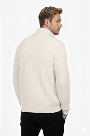 DeepSEA Erkek Ekru Yarım Fermuarlı Oversize Kesim Triko Kazak – %100 Pamuk, Yumuşak Dokulu Örgü Kazak 2608511