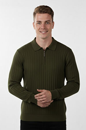 DeepSEA Erkek Haki Slim Fit Polo Yaka Triko Kazak - Yumuşak Dokulu Esnek ve Şık Görünüm 2605305