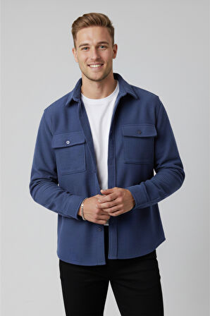 DeepSEA Mavi Cepli Likralı Kadife Kumaş Rahat Kesim Erkek Gömlek – Yumuşak Dokulu, Şık Tasarım Gömlek 2600759