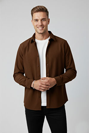 DeepSEA Erkek Kiremit Kadife Fitilli Rahat Kesim Gömlek Yumuşak Dokulu Likralı Kadife Gömlek 2600758