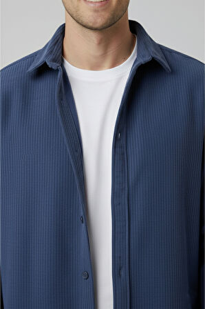 DeepSEA Erkek Mavi Kadife Fitilli Rahat Kesim Gömlek Yumuşak Dokulu Likralı Kadife Gömlek 2600758