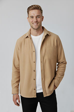 DeepSEA Erkek Camel Kadife Fitilli Rahat Kesim Gömlek Yumuşak Dokulu Likralı Kadife Gömlek 2600758