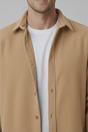 DeepSEA Erkek Camel Kadife Fitilli Rahat Kesim Gömlek Yumuşak Dokulu Likralı Kadife Gömlek 2600758