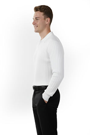 DeepSEA Erkek Beyaz Polo Yaka Fitilli Triko Kazak – %100 Pamuk, Esnek Dokulu, Modern Kalıp 2605305