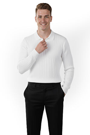 DeepSEA Erkek Beyaz Polo Yaka Fitilli Triko Kazak – %100 Pamuk, Esnek Dokulu, Modern Kalıp 2605305