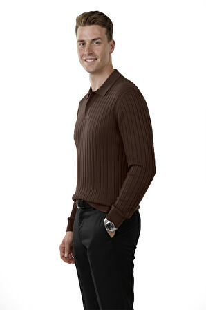 DeepSEA Erkek Kahve Polo Yaka Fitilli Triko Kazak – %100 Pamuk, Esnek Dokulu, Modern Kalıp 2605305