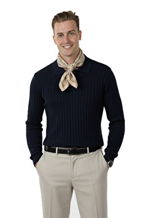 DeepSEA Erkek Lacivert Polo Yaka Fitilli Triko Kazak – %100 Pamuk, Esnek Dokulu, Modern Kalıp 2605305