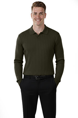 DeepSEA Erkek Haki Polo Yaka Fitilli Triko Kazak – %100 Pamuk, Esnek Dokulu, Modern Kalıp 2605305