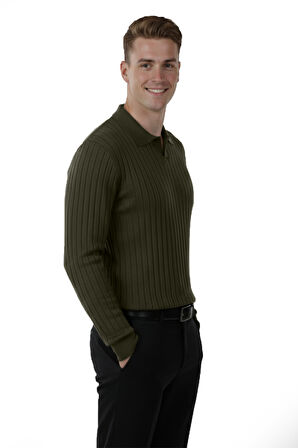 DeepSEA Erkek Haki Polo Yaka Fitilli Triko Kazak – %100 Pamuk, Esnek Dokulu, Modern Kalıp 2605305