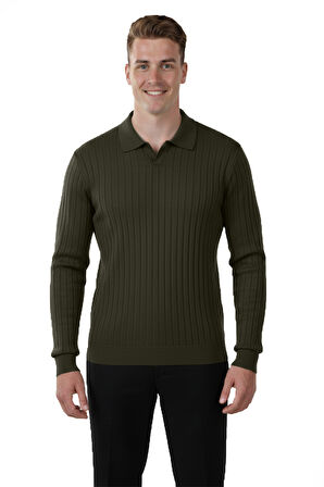 DeepSEA Erkek Haki Polo Yaka Fitilli Triko Kazak – %100 Pamuk, Esnek Dokulu, Modern Kalıp 2605305