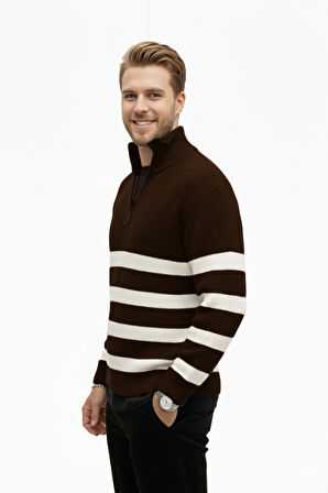 DeepSEA Erkek Kahve Yarım Fermuarlı Oversize Kesim Triko Kazak Pamuklu Yumuşak Örgü Çizgili Kazak 2608513