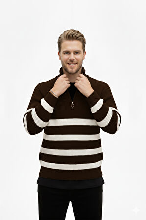 DeepSEA Erkek Kahve Yarım Fermuarlı Oversize Kesim Triko Kazak Pamuklu Yumuşak Örgü Çizgili Kazak 2608513