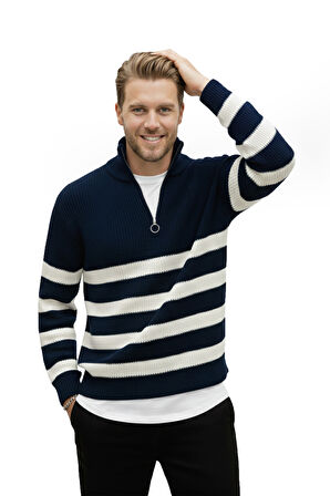 DeepSEA Erkek Lacivert Yarım Fermuarlı Oversize Kesim Triko Kazak Pamuklu Yumuşak Örgü Çizgili Kazak 2608513