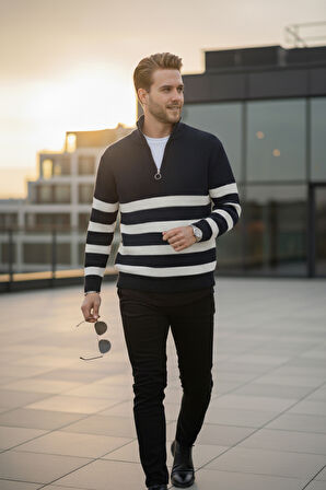 DeepSEA Erkek Lacivert Yarım Fermuarlı Oversize Kesim Triko Kazak Pamuklu Yumuşak Örgü Çizgili Kazak 2608513