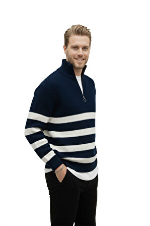 DeepSEA Erkek Lacivert Yarım Fermuarlı Oversize Kesim Triko Kazak Pamuklu Yumuşak Örgü Çizgili Kazak 2608513