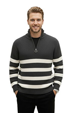 DeepSEA Erkek Füme Yarım Fermuarlı Oversize Kesim Triko Kazak Pamuklu Yumuşak Örgü Çizgili Kazak 2608513