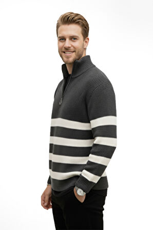 DeepSEA Erkek Füme Yarım Fermuarlı Oversize Kesim Triko Kazak Pamuklu Yumuşak Örgü Çizgili Kazak 2608513