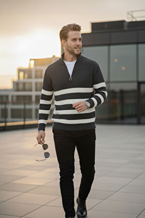 DeepSEA Erkek Füme Yarım Fermuarlı Oversize Kesim Triko Kazak Pamuklu Yumuşak Örgü Çizgili Kazak 2608513