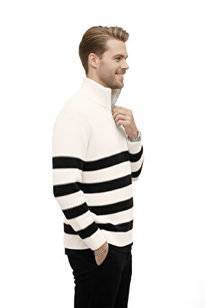 DeepSEA Erkek Ekru Yarım Fermuarlı Oversize Kesim Triko Kazak Pamuklu Yumuşak Örgü Çizgili Kazak 2608513