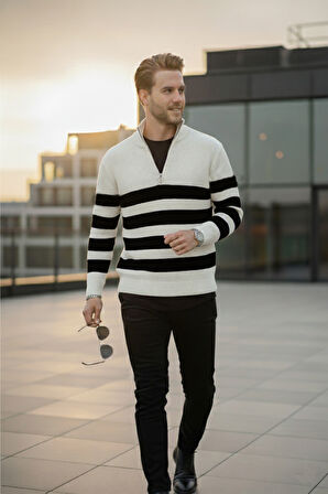 DeepSEA Erkek Ekru Yarım Fermuarlı Oversize Kesim Triko Kazak Pamuklu Yumuşak Örgü Çizgili Kazak 2608513