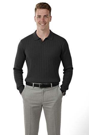 DeepSEA Erkek Füme Polo Yaka Fitilli Triko Kazak – %100 Pamuk, Esnek Dokulu, Modern Kalıp 2605305