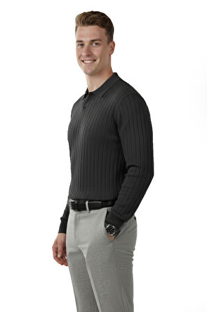 DeepSEA Erkek Füme Polo Yaka Fitilli Triko Kazak – %100 Pamuk, Esnek Dokulu, Modern Kalıp 2605305