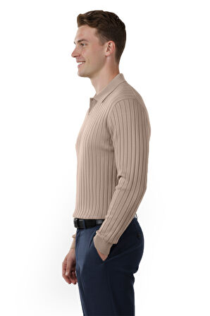 DeepSEA Erkek Bej Polo Yaka Fitilli Triko Kazak – %100 Pamuk, Esnek Dokulu, Modern Kalıp 2605305