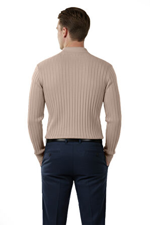 DeepSEA Erkek Bej Polo Yaka Fitilli Triko Kazak – %100 Pamuk, Esnek Dokulu, Modern Kalıp 2605305
