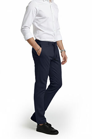 DeepSEA Erkek Lacivert Likralı Gofre Kumaş Beli Lastikli İpli Slim Fit Günlük Pantolon 2600650