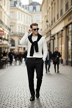 DeepSEA Erkek Beyaz Rahat Kalıp Çizgi Dokulu Triko Kazak – Şık & Modern Tasarım 2605432