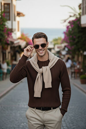 DeepSEA Erkek Kahve Rahat Kalıp Çizgi Dokulu Triko Kazak – Şık & Modern Tasarım 2605432