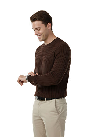 DeepSEA Erkek Kahve Rahat Kalıp Çizgi Dokulu Triko Kazak – Şık & Modern Tasarım 2605432