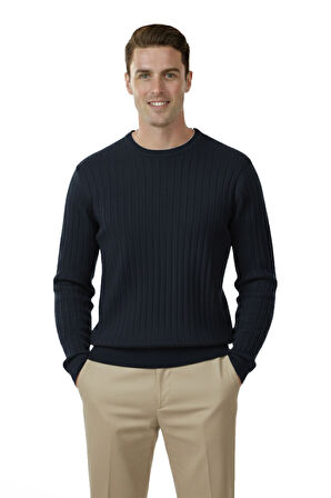 DeepSEA Erkek Lacivert Rahat Kalıp Çizgi Dokulu Triko Kazak – Şık & Modern Tasarım 2605432